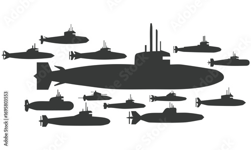 Title
"A Military Collection of Submarine Silhouettes, Featuring Different Styles and Sizes of Naval Warships, Perfect for Illustrating Underwater Fleet or Submarine Squad