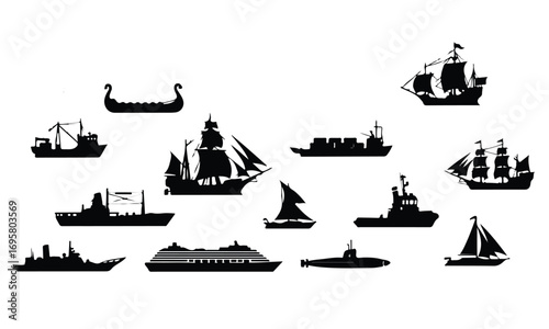 A Versatile Collection of Silhouettes of Various Watercraft, Including Modern Ships, Classic Sailing Vessels, a Submarine, a Viking Longship, and a Pirate Ship