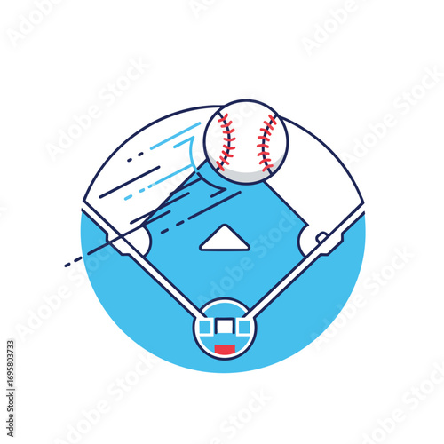 Circular line art icon of a baseball diamond with a fastmoving stitched ball.