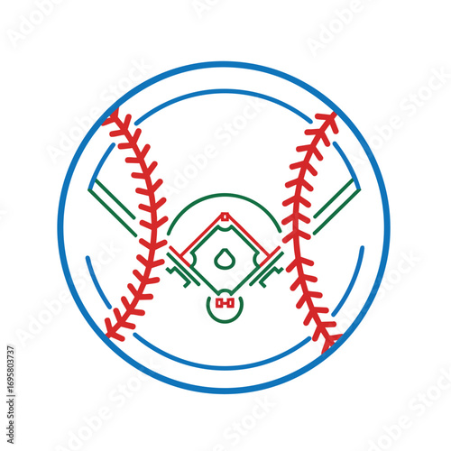 Circular line art icon of a baseball with red stitching and a baseball field diagram inside.