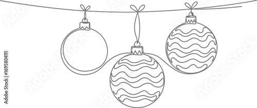 Simple line art of three decorative Christmas ornaments hanging on a string