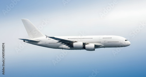 Side view white airplane Airbus A380 double decker jumbo jet with four engines flying through the sky side view flying through the blue sky