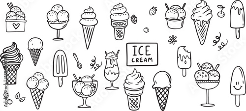 Ice Cream Icons, Dessert Doodles, Sweet Treats, Ice Cream Art, Frozen Dessert, Tasty Illustrations, Scoop Art, Sweet Icons, Ice Cream Sketches, Frozen Treats, Dessert Art, Ice Cream Patterns, Sweet Do