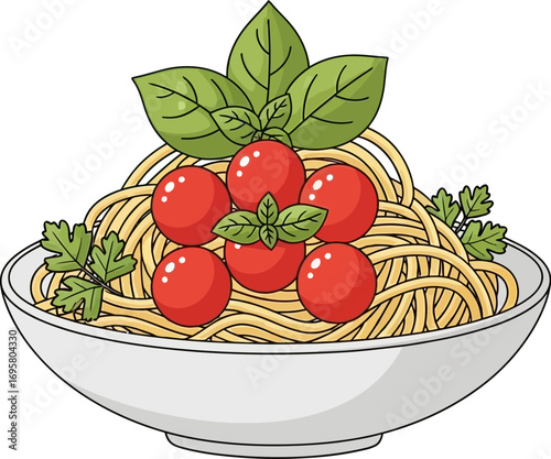 Delicious spaghetti with fresh tomatoes and basil in a white bowl, a vibrant Italian dish
