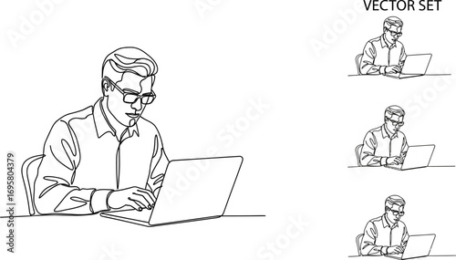 Focused man in glasses diligently working on a laptop, a study in concentration and modern work.