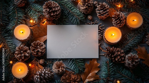 Cozy winter scene with lit candles pinecones fir branches and a blank card for seasonal greetings