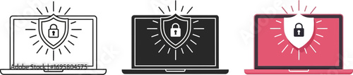 Digital security concept with laptops displaying a locked shield icon