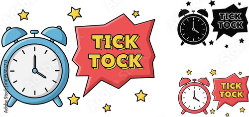 Retro alarm clocks with "Tick Tock" speech bubbles, symbolizing time passing and urgency.