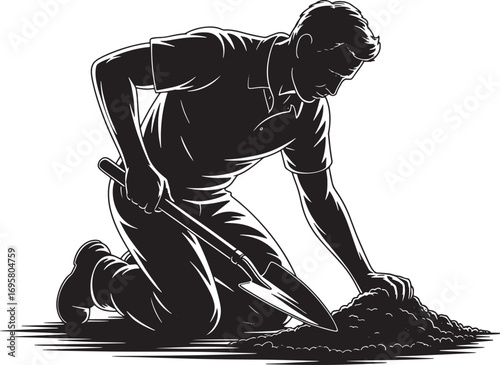 Silhouette of a Man Gardening, Digging Soil with a Shovel in the Garden on a Sunny Day
