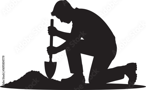 Silhouette of a Person Gardening, Digging with a Shovel on Transparent Background Vector