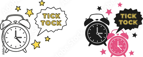 Alarm clocks with "Tick Tock" speech bubbles and stars, representing time and urgency.