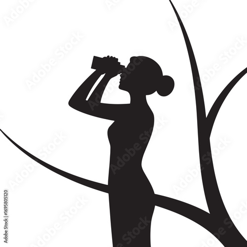 Silhouette of a Woman Looking Through Binoculars in a Tree with Bare Branches