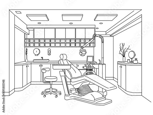 Hand drawn line of Dental room interior with dentist chair, Lamp and drilling machine. Hospital interior with dentist workplace.Dental chair and accessories used by dentists .Vector illustration