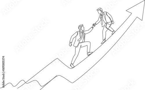 Two businessmen collaborating and climbing an upward trending arrow, symbolizing teamwork and success.