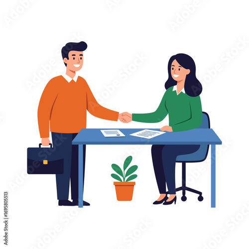 Vector art of man with briefcase shaking hands with woman sitting at desk
