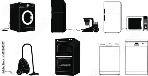 Household appliances silhouettes, washing machine, refrigerator, espresso machine, microwave, vacuum cleaner, dishwasher, oven, black vector illustration, kitchen and cleaning icons