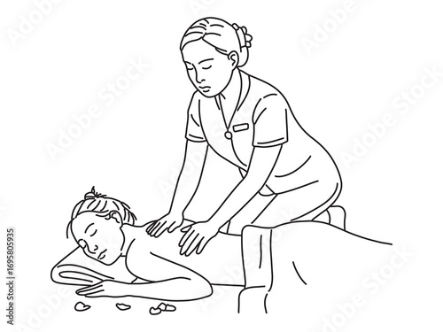 Thai massage. A woman from Thailand gives a massage to a female tourist.Thai massage and spa for healing and relaxation illustration vector hand drawn isolated on white background line art