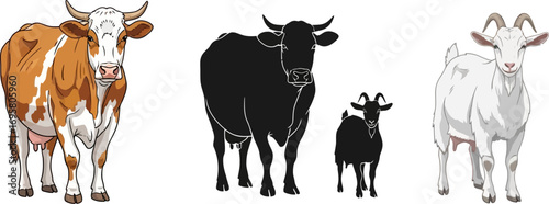 Farm animals including cows and goats depicted in various styles on a white background