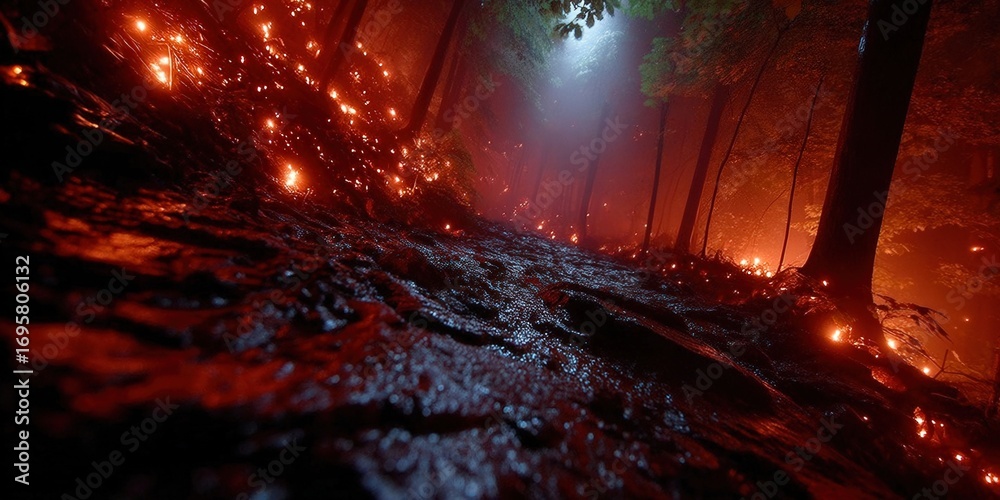 Fototapeta premium A dramatic forest scene, bathed in an eerie red glow with glowing orbs along the path.