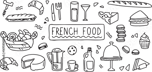 French Food Outline Vector – Hand Drawn Traditional Cuisine, Wine, Bread, Cheese Doodle Icons, Minimal Black and White Clipart Illustration