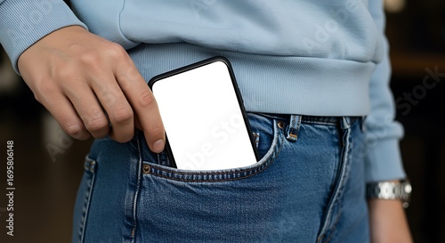 Hand placing blank screen smartphone into blue denim jeans pocket mobile phone