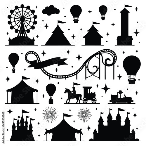 Amusement park attractions silhouettes with clouds and firework