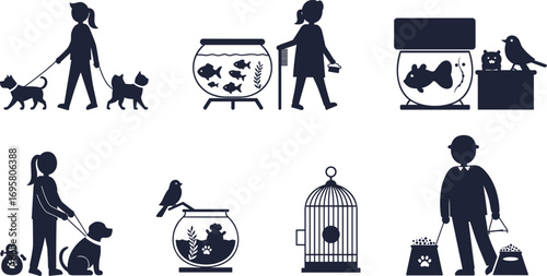 Pet care silhouettes, dog walking, cat grooming, fish feeding, bird cage, animal interaction, domestic pets, animal lover activities, black vector illustration