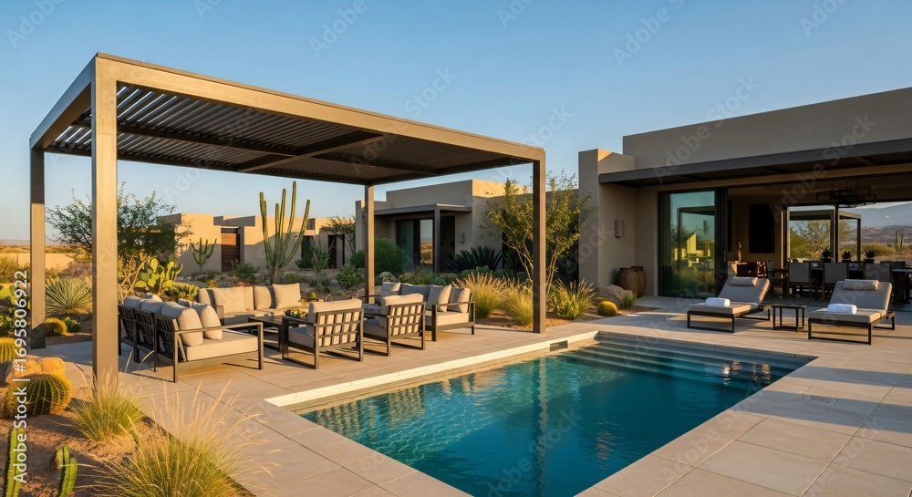 Fototapeta premium Modern Desert Oasis Backyard with Pool, Lounge Seating, and Pergola