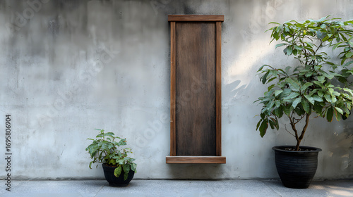 Mockup blank of a narrow vertical wooden signboard with rustic Japanese feel on exterior wall