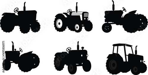 Tractor silhouettes, farm machinery, agricultural vehicles, farming equipment, rural work, black vector illustration, heavy machinery icons, agriculture industry design