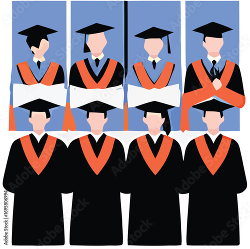 Graduation Ceremony Group Illustration with Caps and Gowns Academic Achievement Success