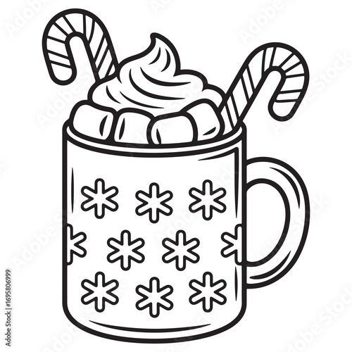 Christmas Hot Chocolate with Candy Canes Line Art Coloring Page