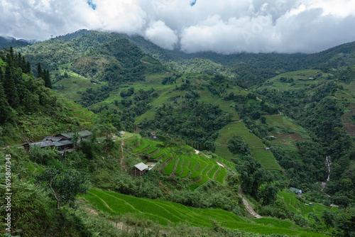 Rice terraced fields on Ha Giang Loop  and  blue cloudy sky  in the mountains near Ha Giang in northern Vietnam