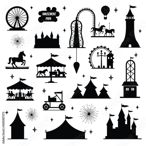 Amusement park attractions silhouettes with clouds and firework