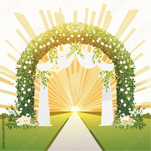 Sunlight filters through tall hedges and hanging garlands, highlighting an intricately decor wedding arch