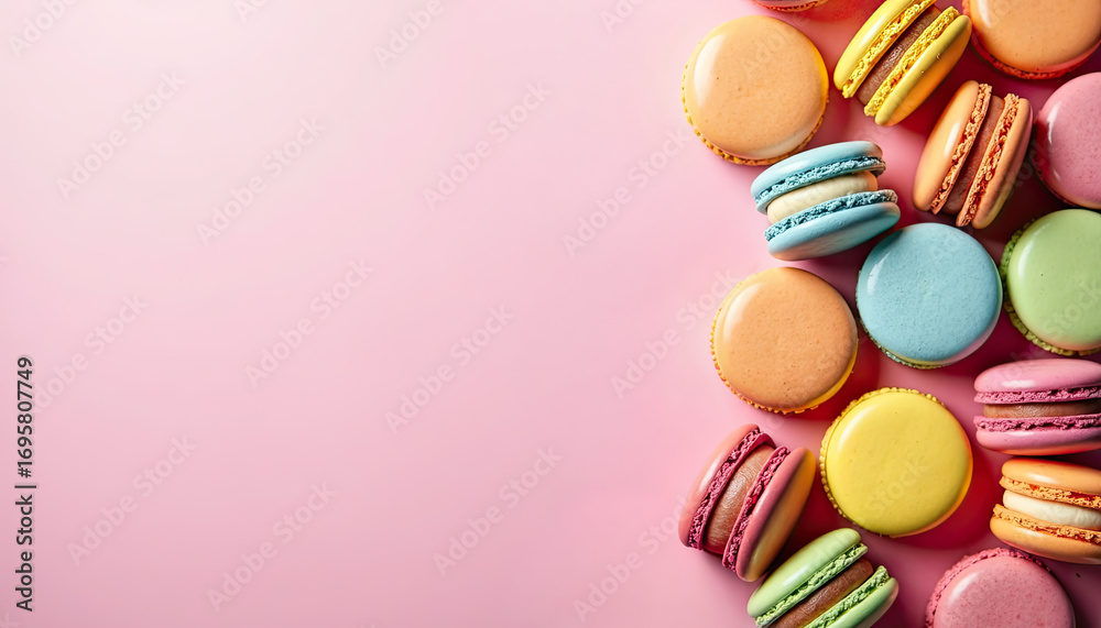 Fototapeta premium Gourmet macaron mockup with vibrant colors on pink minimal background, perfect for confectionery marketing, menu design and food photography.
