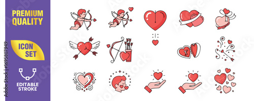 Valentines day icon set collection of love symbols, including hearts, cupids, arrows, and other romantic elements perfect for creating greeting cards, invitations, and decorations