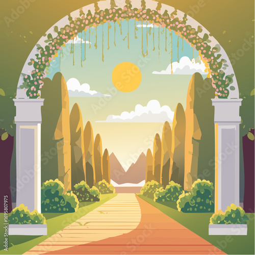 Sunlight filters through tall hedges and hanging garlands, highlighting an intricately decor wedding arch