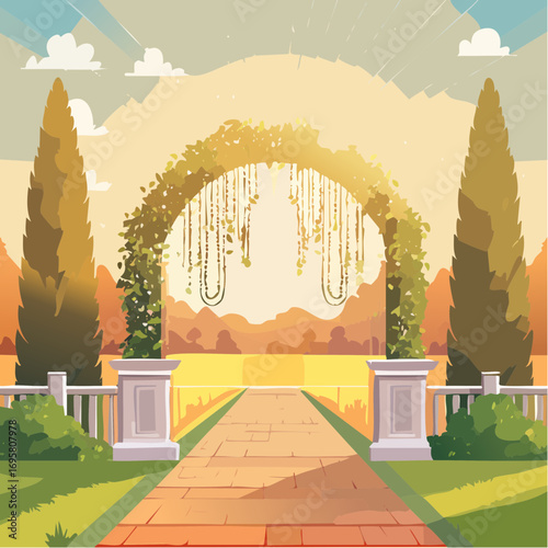 Sunlight filters through tall hedges and hanging garlands, highlighting an intricately decor wedding arch