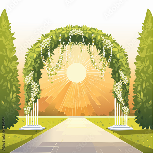 Sunlight filters through tall hedges and hanging garlands, highlighting an intricately decor wedding arch