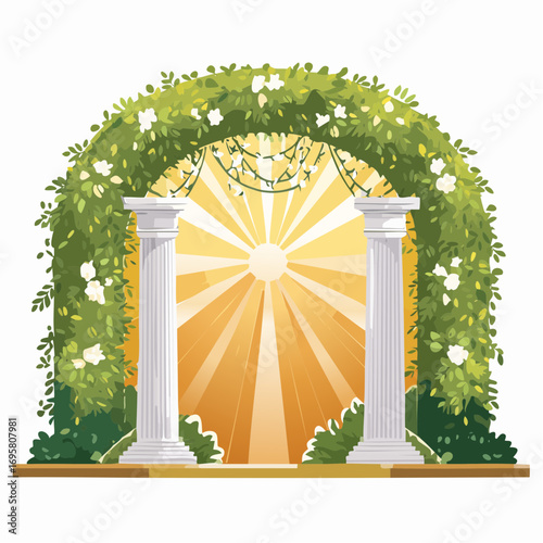 Sunlight filters through tall hedges and hanging garlands, highlighting an intricately decor wedding arch