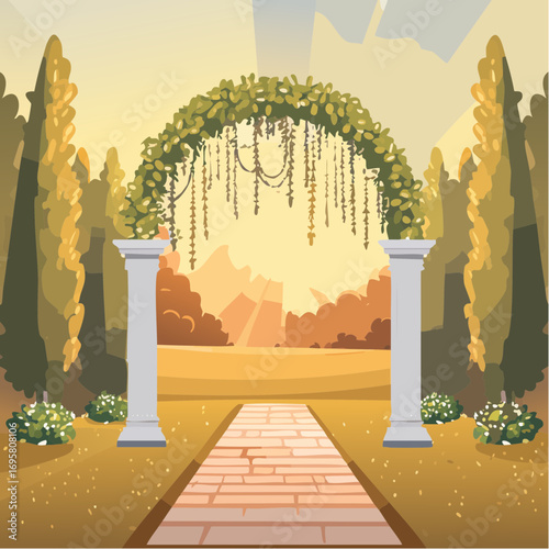 Sunlight filters through tall hedges and hanging garlands, highlighting an intricately decor wedding arch