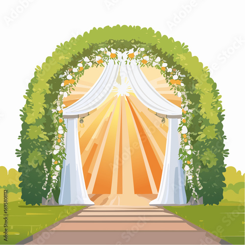 Sunlight filters through tall hedges and hanging garlands, highlighting an intricately decor wedding arch