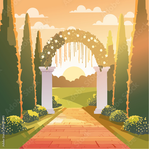 Sunlight filters through tall hedges and hanging garlands, highlighting an intricately decor wedding arch
