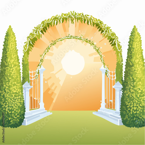 Sunlight filters through tall hedges and hanging garlands, highlighting an intricately decor wedding arch