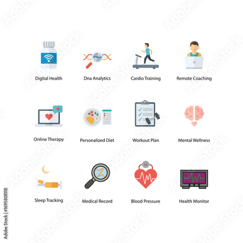 A comprehensive set of 12 minimalist and colorful flat icons for Digital Health and Wellness. This collection is perfect for modern UI UX design, mobile applications, websites, and marketing campaigns