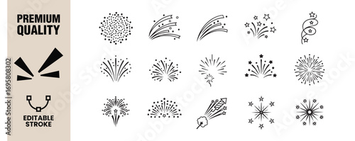 Illustration of various fireworks designs, perfect for adding a celebratory touch to your projects, ideal for event posters and party invitations