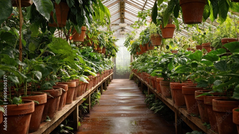 Fototapeta premium Lush greenhouse walkway