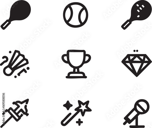 Vector icon set: sports, awards, entertainment - tennis, badminton, trophy, diamond, microphone eps silhouette