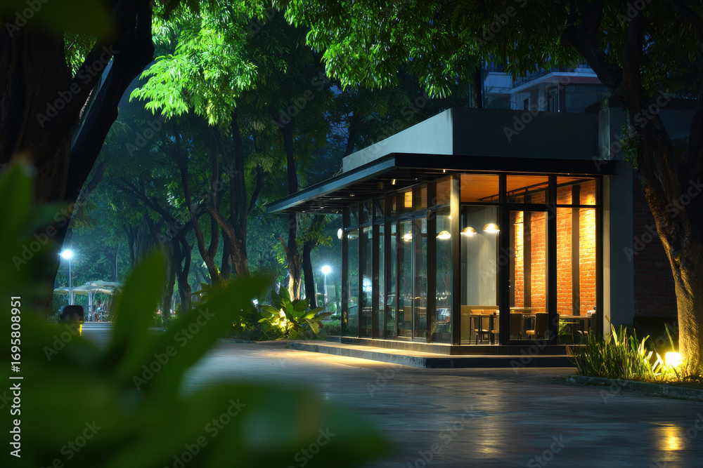 Fototapeta premium modern stylish outdoor caf with stunning glass installations and ambient lighting that creates cozy atmosphere